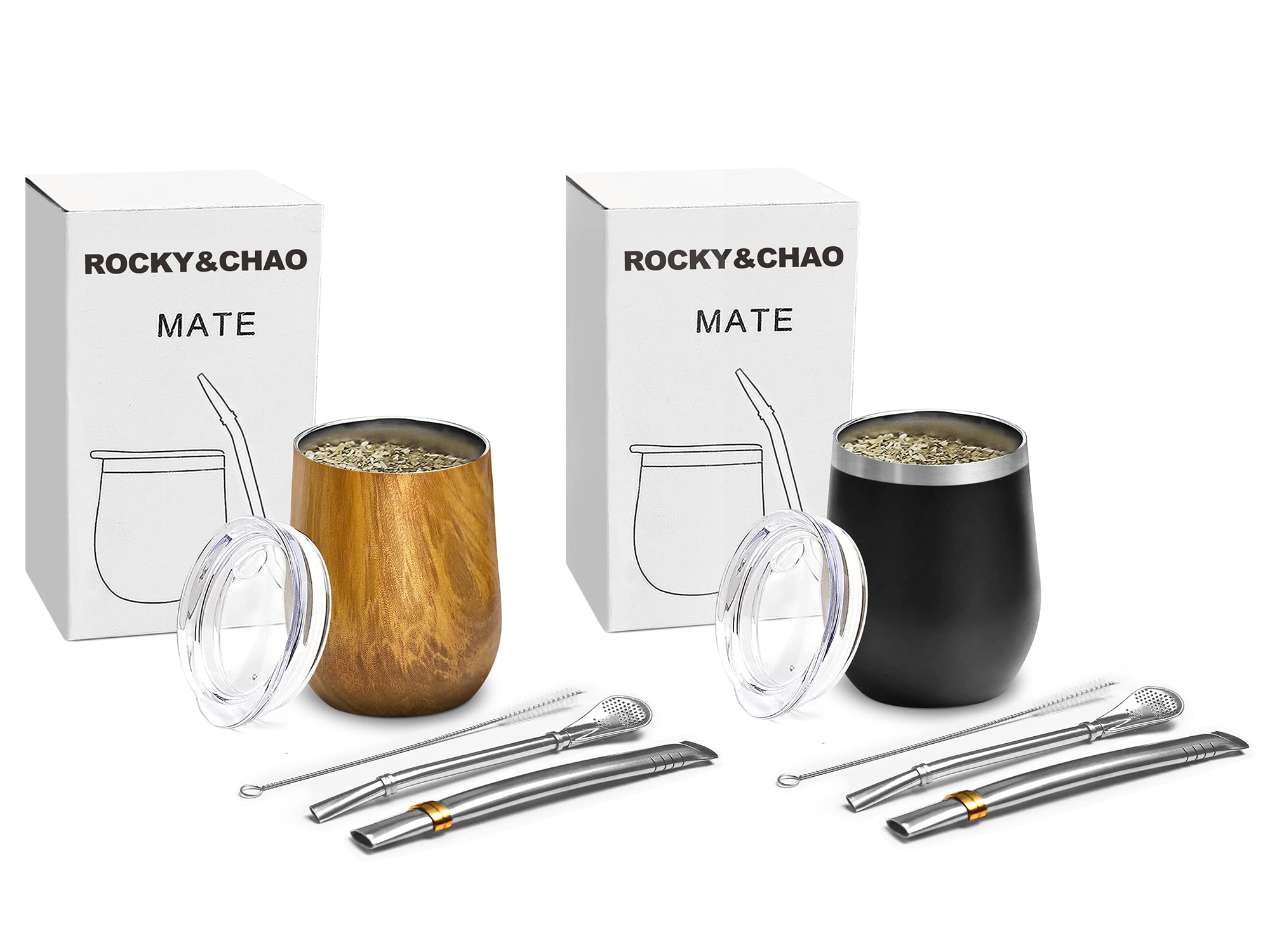 2 Pack 8 Ounces Modern Mate Cup Yerba Mate Tea Cup Set - Including Two Bombilla (Yerba Mate Straw), Lid & Cleaning Brush, Mate Cup for Drinking - Stainless Steel, Double-Wall (Black and Brown）