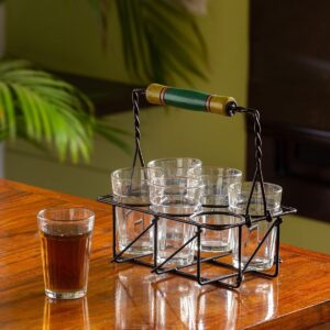 ExclusiveLane 'The Railway Nostalgia' Tea Glasses with Iron Holder (Set of 6, 120ml) - Cutting Chai Glasses with Stand Indian Style Tea Glass Tea Cup Handpainted Iron Carrier Stand Organizer