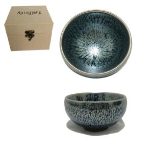 Apingjenz Bloom Tenmokus Tea Cup 130ml,Chinese Jianzhan Tea Bowl Iron Clay Natural Ore Glaze Fired in Kiln Porcelain Mug Gift Box, 9.0 x 5.0cm(3.54in x 1.97in)