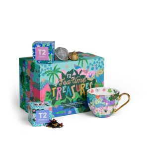 t2 tea tea time treasures tea and teaware giftpack, 2 loose leaf floral tea in mini festive feature box, a limited edition fine bone china mug, a golden pineapple infuser, best gift for holiday