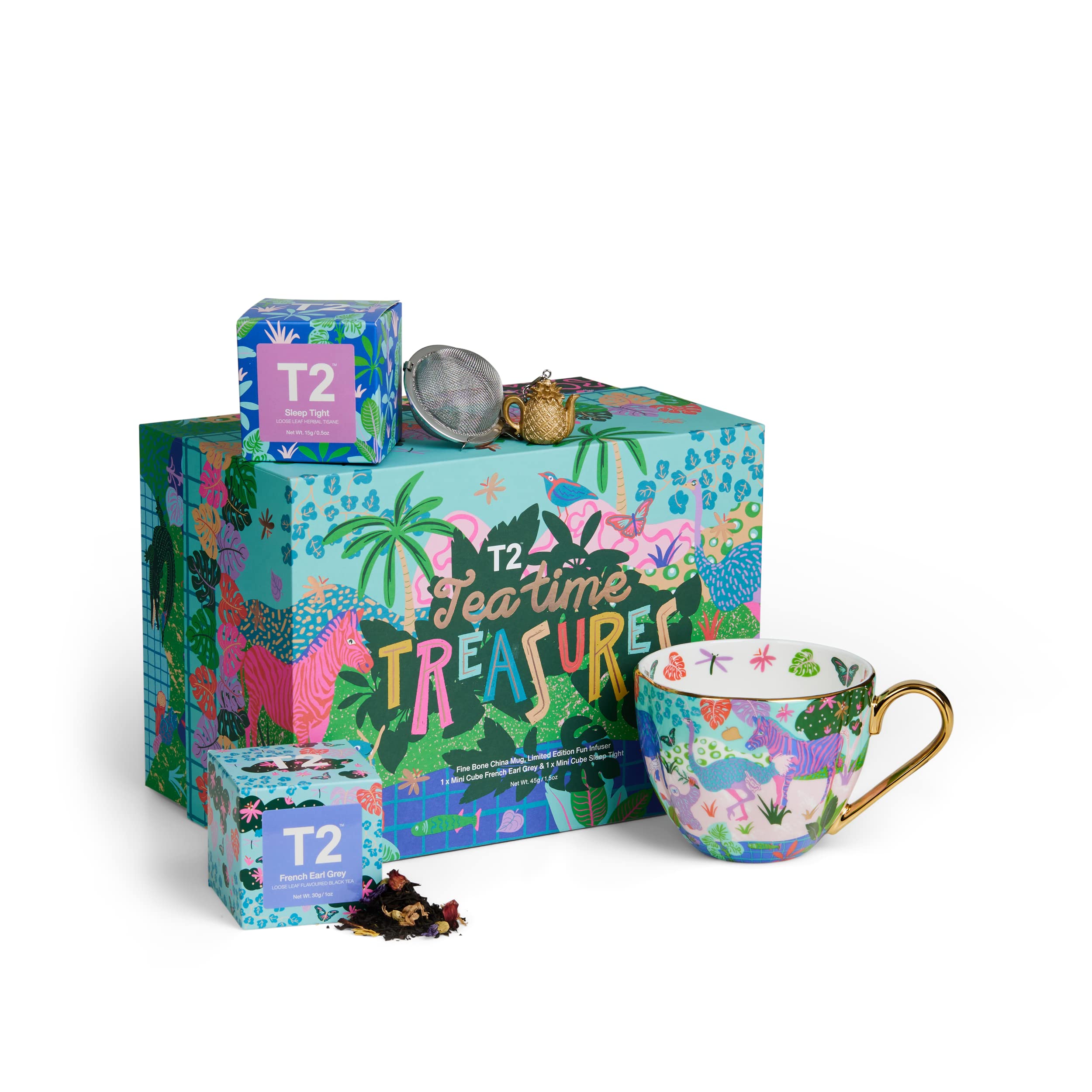 T2 Tea Tea Time Treasures Tea and Teaware Giftpack, 2 Loose Leaf Floral Tea in Mini Festive Feature Box, A Limited Edition Fine Bone China Mug, A Golden Pineapple Infuser, Best Gift for Holiday