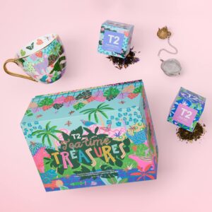 T2 Tea Tea Time Treasures Tea and Teaware Giftpack, 2 Loose Leaf Floral Tea in Mini Festive Feature Box, A Limited Edition Fine Bone China Mug, A Golden Pineapple Infuser, Best Gift for Holiday