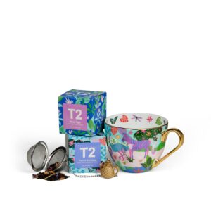 T2 Tea Tea Time Treasures Tea and Teaware Giftpack, 2 Loose Leaf Floral Tea in Mini Festive Feature Box, A Limited Edition Fine Bone China Mug, A Golden Pineapple Infuser, Best Gift for Holiday