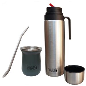 gaucho bruno - stainless steel thermal mate for drinking yerba mate, bombilla straw and 1 litre flask with pouring spout | easy to clean | comfortable to hold | maintains drink temperature