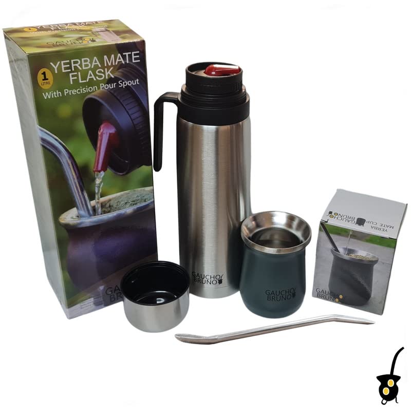 Gaucho Bruno - Stainless Steel Thermal Mate for Drinking Yerba Mate, Bombilla Straw and 1 litre Flask with Pouring Spout | Easy to Clean | Comfortable to Hold | Maintains drink temperature