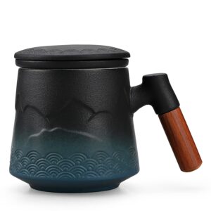 ncqixiao tea cup with infuser and lid, gradual mountain and spray tea mug cups with infuser, wood handle ceramic coffee mug with lid tea 430ml/14.50 oz (gradient blue)