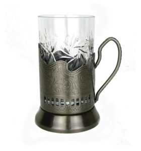 neman ghold(1)+gl5107(1), 8.5 oz crystal tea glass with podstakannik, hot/cold beverage glass with metal holder