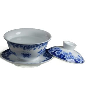 vv8oo Gaiwan 6oz Teacup Chinese Gongfu Tea Set Blue and White Porcelain Tea Cups Ceramic Tureen Teacup Sancai Cover Bowl with Lip Saucer Love of Butterfly (Love of Butterfly)