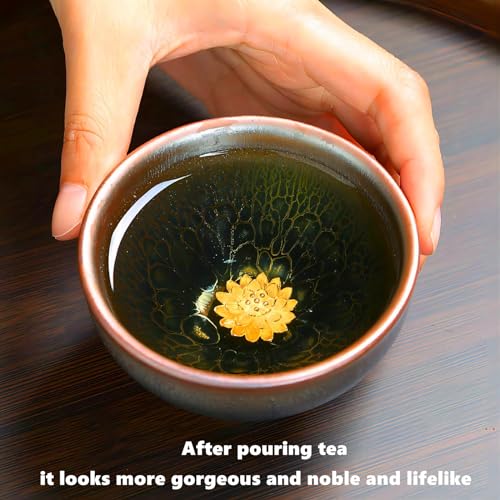 CmengAo Beautiful Jianzhan Tea Cup, 3d Silver Lotus Inlaid Ceramic Tea Cup Handmade Fancy Glaze Tenmoku Cup Chinese Kungfu Tea Cup (DragonScale)