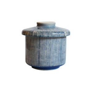 IPPINKA Japanese Porcelain Chawanmushi Cup with Lid, Seto-mono, Made in Japan, 105cc, Blue Hakeme Stripe