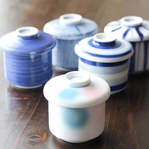 IPPINKA Japanese Porcelain Chawanmushi Cup with Lid, Seto-mono, Made in Japan, 105cc, Blue Hakeme Stripe