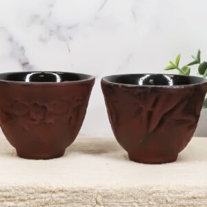 Ebros Gift Japanese Traditional Style Cast Iron Tea Bamboo Design In Red Burgundy Color Tea Cups Teacups Set Of 2 Drinkware Tetsubin Style Tea Service