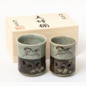 hand-made: double layer teacup set of 2 | “soma-yaki” | blue crack pattern | made in japan |