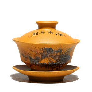 mulhue hand-painted yixing tea cup，chinese traditional teaware zisha porcelain gaiwan kungfu tea bowl with lid and saucer-135ml/4.6oz