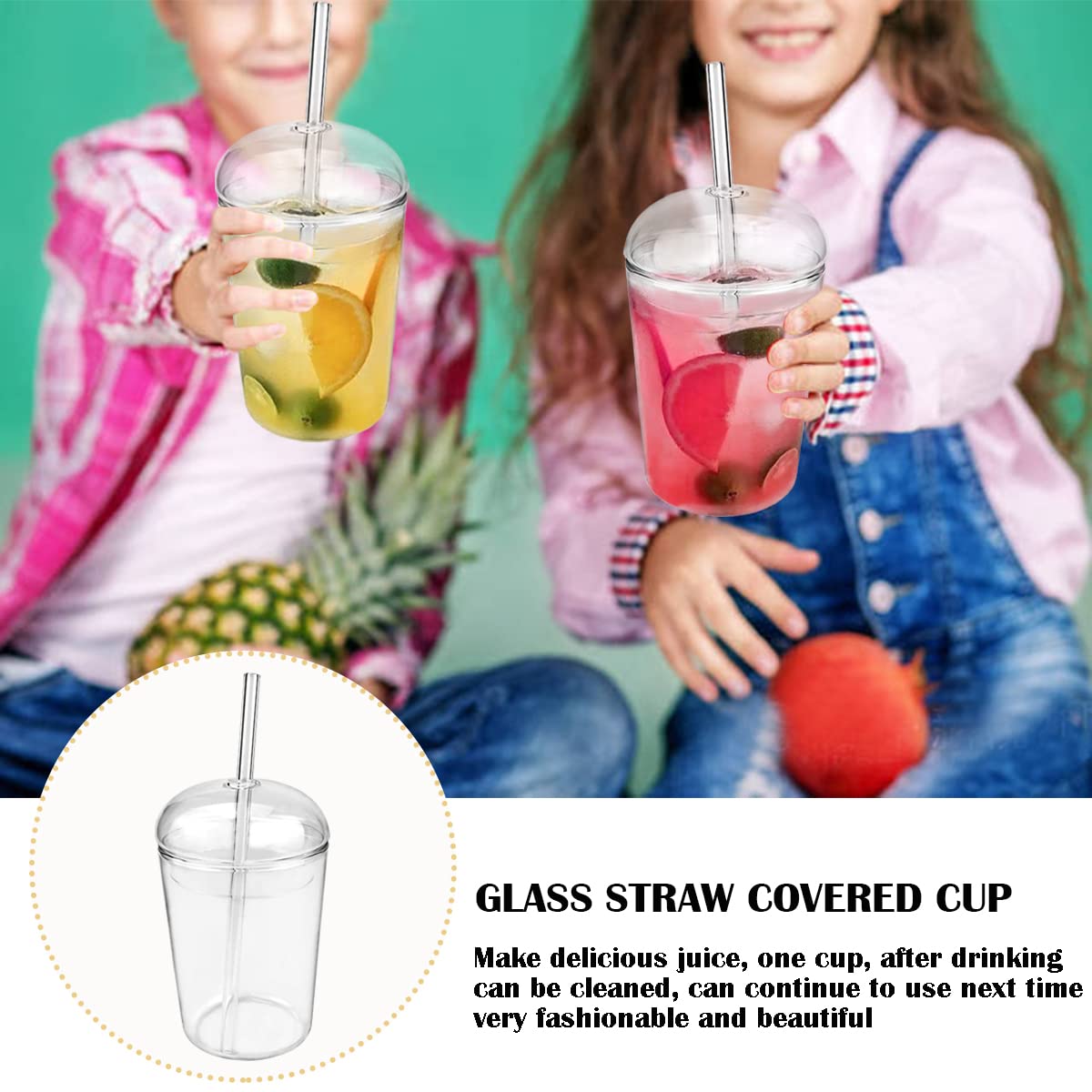 LNQ LUNIQI Clear Glass Cups with Lid and Straw,16 oz Wide Mouth Drinking Glass Tumbler, Reusable Glass Drinking for Juice Beverages Iced Coffee Tea Smoothie Soda Milk