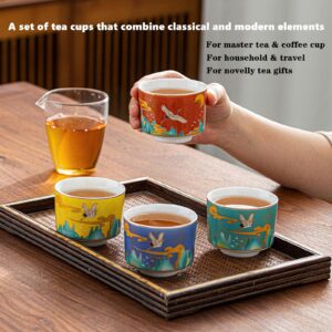 Jianzhan Tenmoku Tea Cups Set of 4, Chinese Ceramic Tea Set, Colorful Kiln Transmutation Kungfu Tea Cups Tiger Head Pattern Teacups - 6 oz