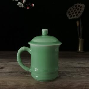 Handmade Celadon Tea Cup with Lid 10oz Coffee Mug Embossed with Bamboo Ceramic Drinkware Porcelain Tableware Microwave and Dishwasher Safe (Green)