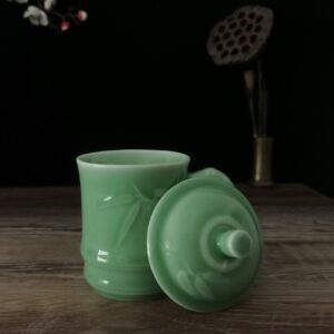 Handmade Celadon Tea Cup with Lid 10oz Coffee Mug Embossed with Bamboo Ceramic Drinkware Porcelain Tableware Microwave and Dishwasher Safe (Green)