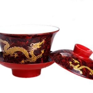 Moyishi Chinese Porcelain Gaiwan Floral Dragon Tradition Sancai Tea Cup Tea Set Best Gift (Dark Red Dragon)