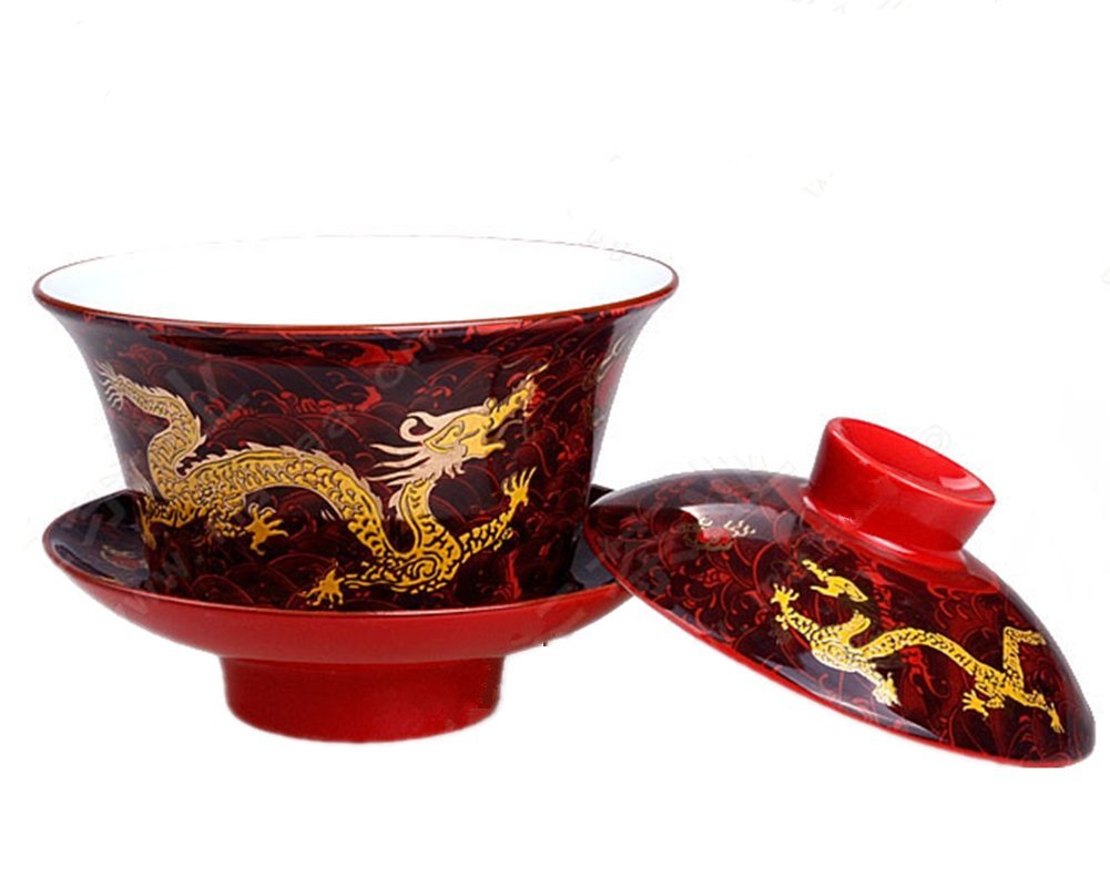 Moyishi Chinese Porcelain Gaiwan Floral Dragon Tradition Sancai Tea Cup Tea Set Best Gift (Dark Red Dragon)
