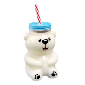 kawaii bear sippy cup 19oz clear bear glass cup with lid and straw cute kawaii bear glass bottle mug for juice milk tea smoothies infused water beverage food grade microwave safe (smiling bear)