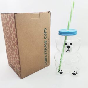 Kawaii Bear Sippy Cup 19oz Clear Bear Glass Cup with Lid and Straw Cute Kawaii Bear Glass Bottle Mug for Juice Milk Tea Smoothies Infused Water Beverage Food Grade Microwave Safe (Smiling Bear)