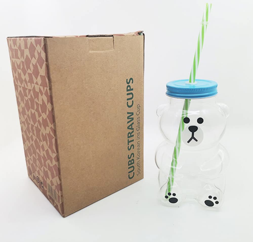 Kawaii Bear Sippy Cup 19oz Clear Bear Glass Cup with Lid and Straw Cute Kawaii Bear Glass Bottle Mug for Juice Milk Tea Smoothies Infused Water Beverage Food Grade Microwave Safe (Smiling Bear)