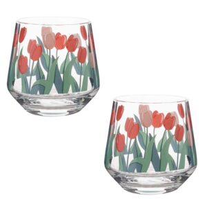 besportble 2pcs wine glass cup,tulip flowers decal stemless wine glass for hot coffee or cold drinks-iced latte, whiskey, juice (400ml)