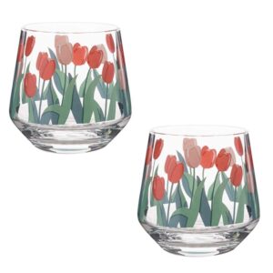 BESPORTBLE 2pcs Wine Glass cup,Tulip Flowers Decal Stemless Wine Glass for Hot Coffee or Cold Drinks-Iced Latte, Whiskey, Juice (400ml)