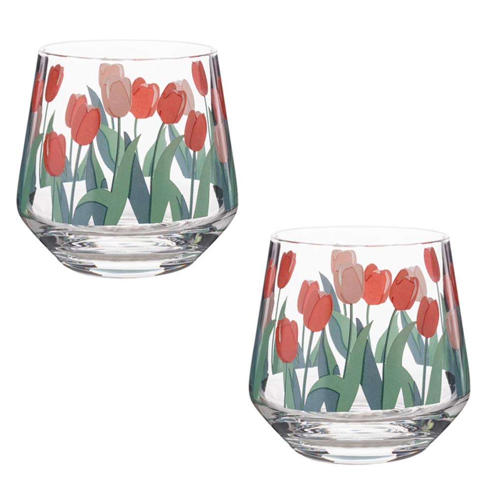 BESPORTBLE 2pcs Wine Glass cup,Tulip Flowers Decal Stemless Wine Glass for Hot Coffee or Cold Drinks-Iced Latte, Whiskey, Juice (400ml)