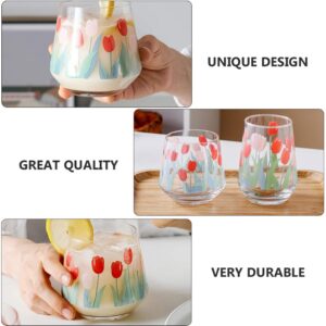 BESPORTBLE 2pcs Wine Glass cup,Tulip Flowers Decal Stemless Wine Glass for Hot Coffee or Cold Drinks-Iced Latte, Whiskey, Juice (400ml)