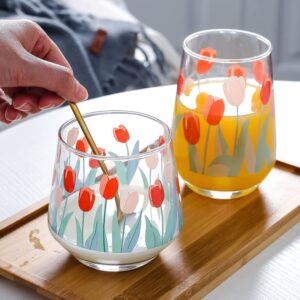 BESPORTBLE 2pcs Wine Glass cup,Tulip Flowers Decal Stemless Wine Glass for Hot Coffee or Cold Drinks-Iced Latte, Whiskey, Juice (400ml)