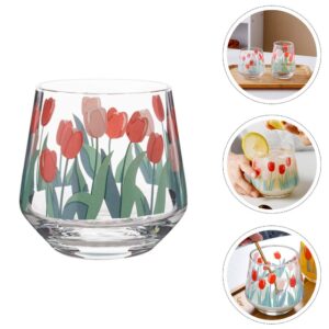 BESPORTBLE 2pcs Wine Glass cup,Tulip Flowers Decal Stemless Wine Glass for Hot Coffee or Cold Drinks-Iced Latte, Whiskey, Juice (400ml)