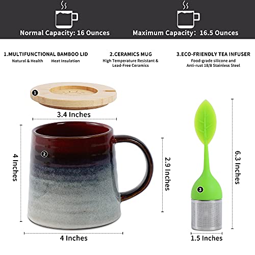 Anatural Tea Mug with Infuser and Lid, 16.5 OZ Tea infuser Cup, Tea Strainer Cup with Large Handle for Loose Tea, Ceramic Tea Steeping Mug, Microwave and Dishwasher Safe Coffee Mug (Red Rose)