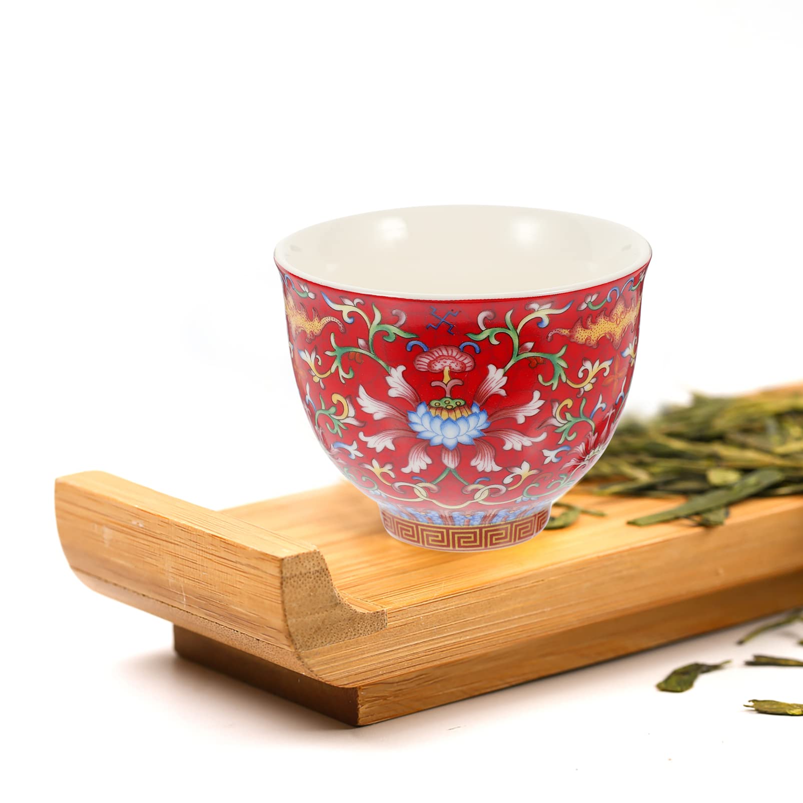 DECHOUS Chinese Tea Set Ceramic Tea Cups Kung Fu Tea Cups Flower Pattern Saki Cup Matcha Tea Cup Retro Japanese Chinese Tea Cups Drinking Teaware For Morning Tea Tray Red Espresso