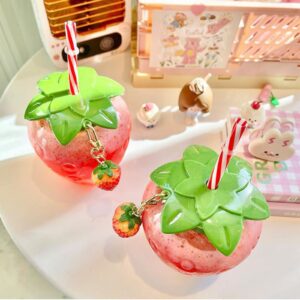 DULRLLY 17 Oz Strawberry Cups with Straw and Strawberry Pendant Kawaii Cup with Lid Portable Cute Water Bottle Mug for Gift Home Office School for Boba Tea