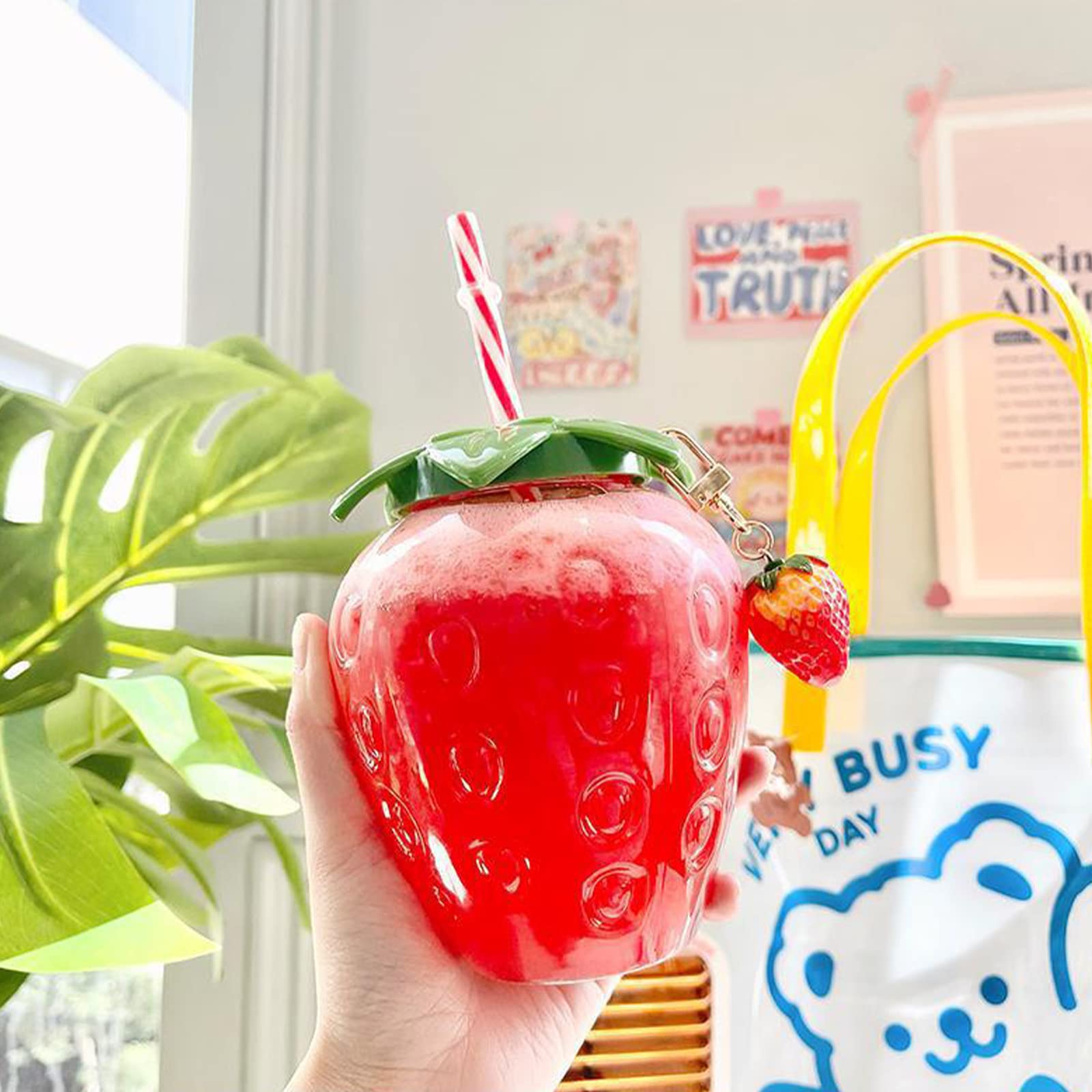 DULRLLY 17 Oz Strawberry Cups with Straw and Strawberry Pendant Kawaii Cup with Lid Portable Cute Water Bottle Mug for Gift Home Office School for Boba Tea