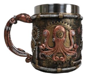 ebros brazen steampunk kraken octopus cyborg with sculpted robotic gearwork valves and pipelines beverage drinkware serveware decorative accent (drinking mug cup)