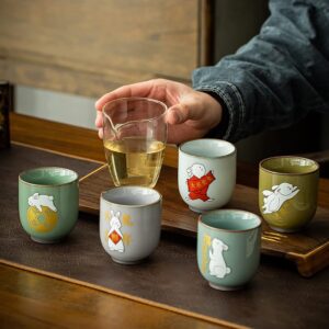 Tea Cup Gift, Year of the Rabbit Tea Cup Set, Ceramic Tea Cup, Chinese Kung Fu Tea Cup Set, 5pcs Ceramic Cup Set Rabbit Tea Cup