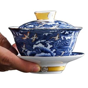 Woonsoon Jingdezhen Chinese Gaiwan Handmade 6oz/170ml China Blue and White Porcelain Gaiwan Kungfu Teacup Traditional Chinese Teaware Tea Set