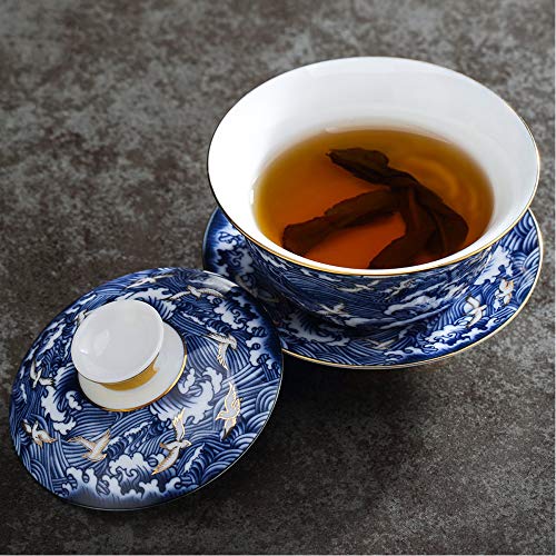 Woonsoon Jingdezhen Chinese Gaiwan Handmade 6oz/170ml China Blue and White Porcelain Gaiwan Kungfu Teacup Traditional Chinese Teaware Tea Set