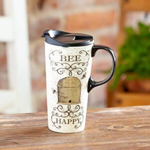 Cypress Home Inspirational Travel Mug, Bee Happy 17 OZ Ceramic Cup - 4 x 5 x 7 Inches Insulated Coffee Tea Mug