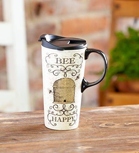Cypress Home Inspirational Travel Mug, Bee Happy 17 OZ Ceramic Cup - 4 x 5 x 7 Inches Insulated Coffee Tea Mug