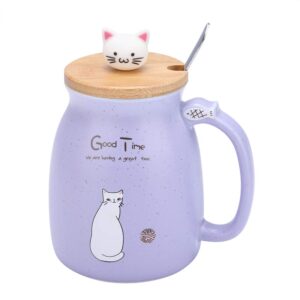 topincn ceramic cup cute cat pattern coffee cup with spoon and wood lid tea water milk mug for home office (380 ml purple)