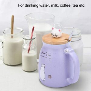 TOPINCN Ceramic Cup Cute Cat Pattern Coffee Cup with Spoon and Wood Lid Tea Water Milk Mug for Home Office (380 ML Purple)