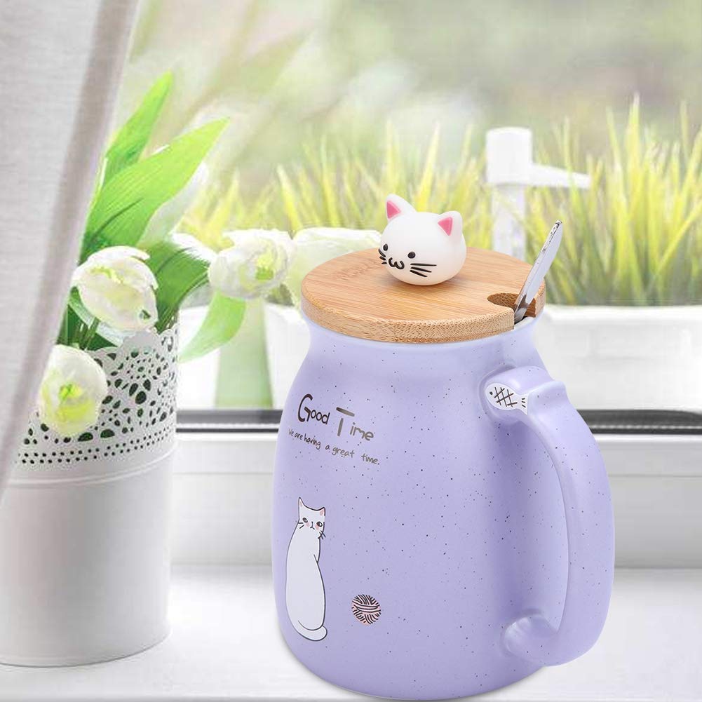 TOPINCN Ceramic Cup Cute Cat Pattern Coffee Cup with Spoon and Wood Lid Tea Water Milk Mug for Home Office (380 ML Purple)