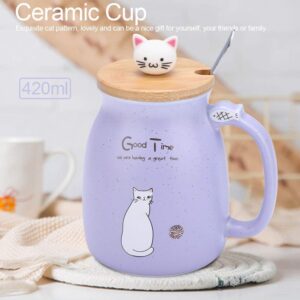 TOPINCN Ceramic Cup Cute Cat Pattern Coffee Cup with Spoon and Wood Lid Tea Water Milk Mug for Home Office (380 ML Purple)