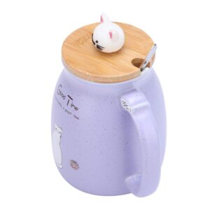 TOPINCN Ceramic Cup Cute Cat Pattern Coffee Cup with Spoon and Wood Lid Tea Water Milk Mug for Home Office (380 ML Purple)