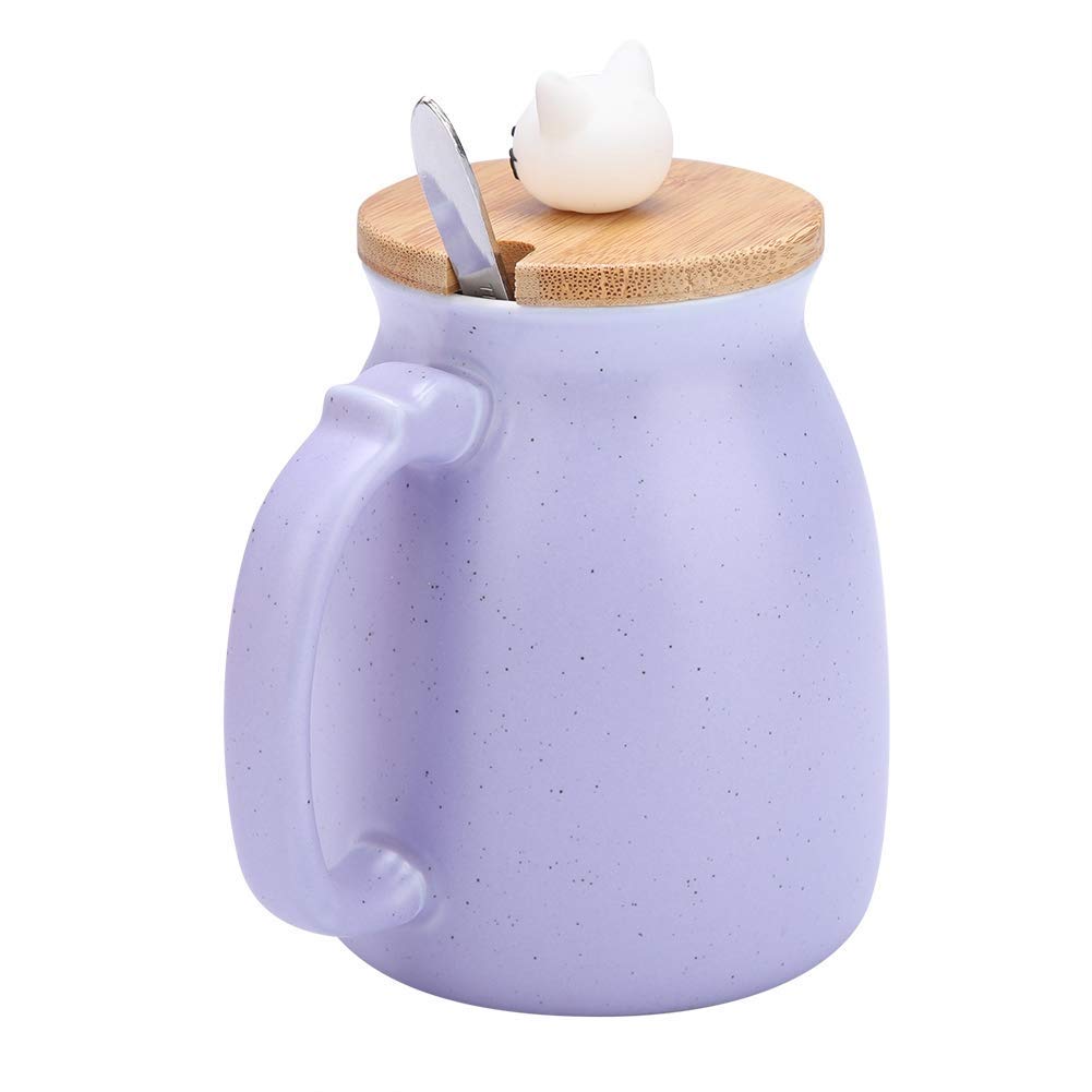 TOPINCN Ceramic Cup Cute Cat Pattern Coffee Cup with Spoon and Wood Lid Tea Water Milk Mug for Home Office (380 ML Purple)