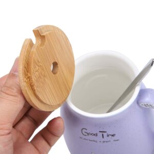 TOPINCN Ceramic Cup Cute Cat Pattern Coffee Cup with Spoon and Wood Lid Tea Water Milk Mug for Home Office (380 ML Purple)